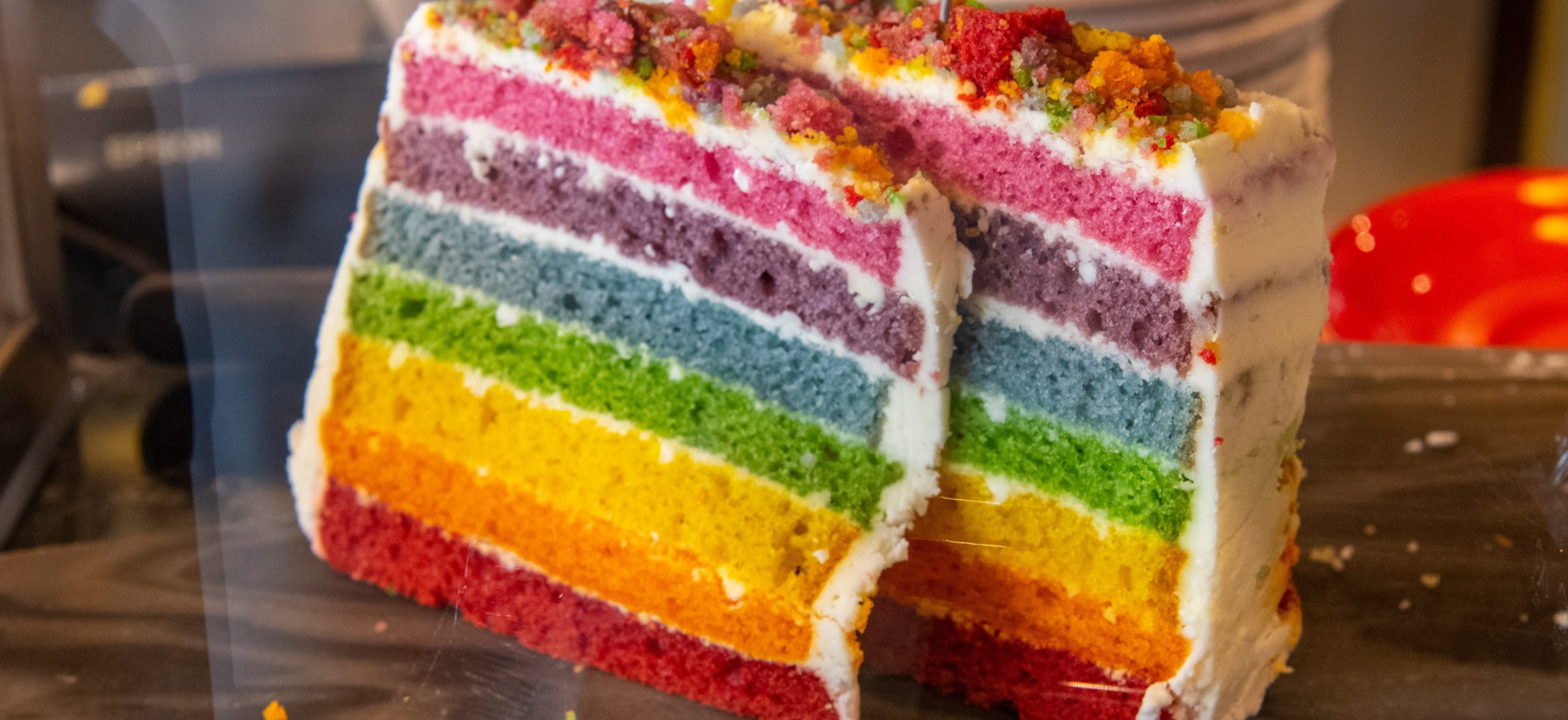 Slice of Rainbow-colored cake